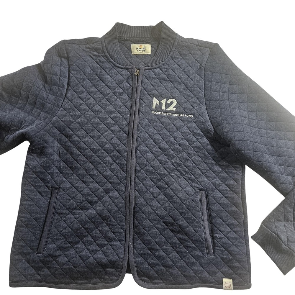 Marine Layer Jacket Mens‎ Large Blue Quilted Bomber Full Zip Microsoft M12 Logo
